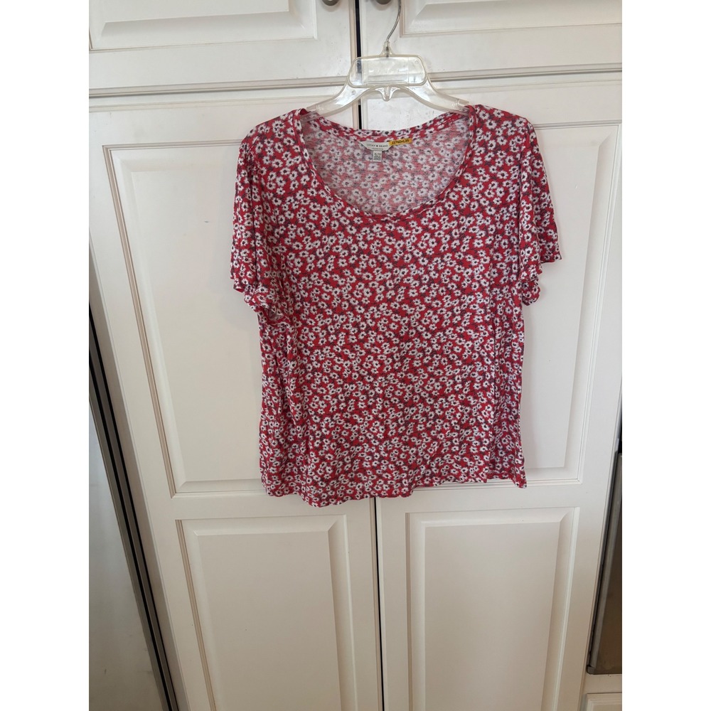 Lucky Brand Womens Red Floral Short Sleeve Scoop Neck T-Shirt Size XL